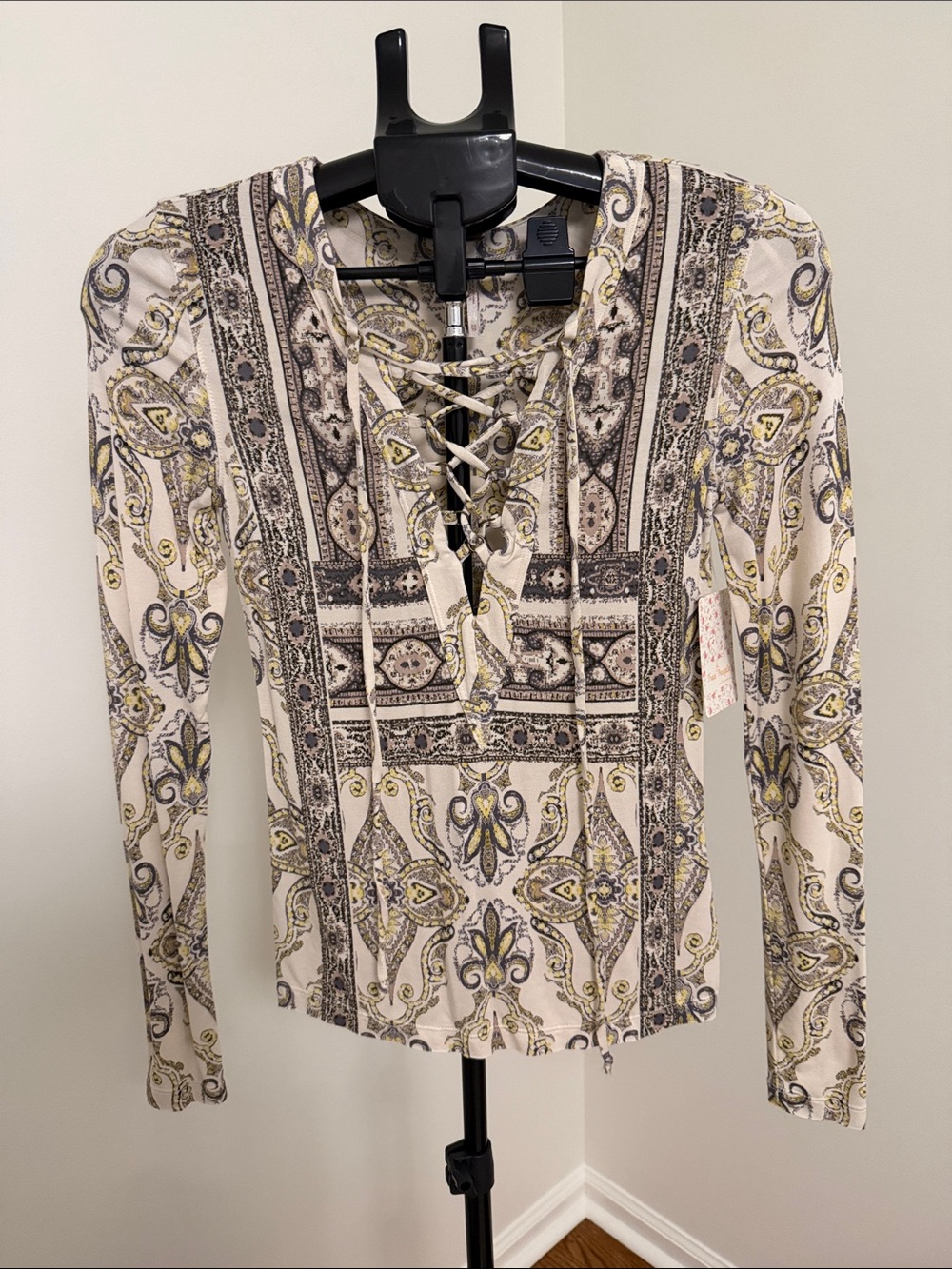 Free People Lace-Up Paisley Long Sleeve Top - Cream, Gray, Yellow